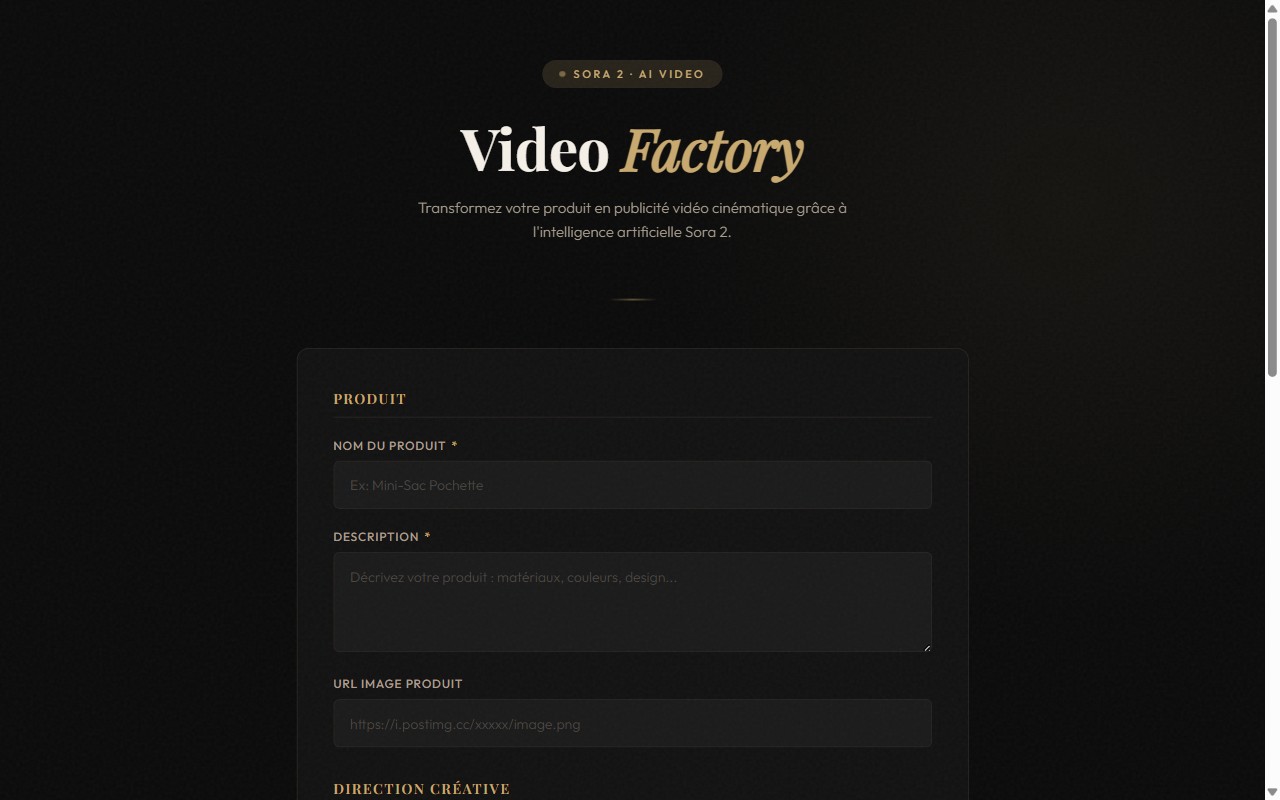 Video Factory — interface de génération vidéo